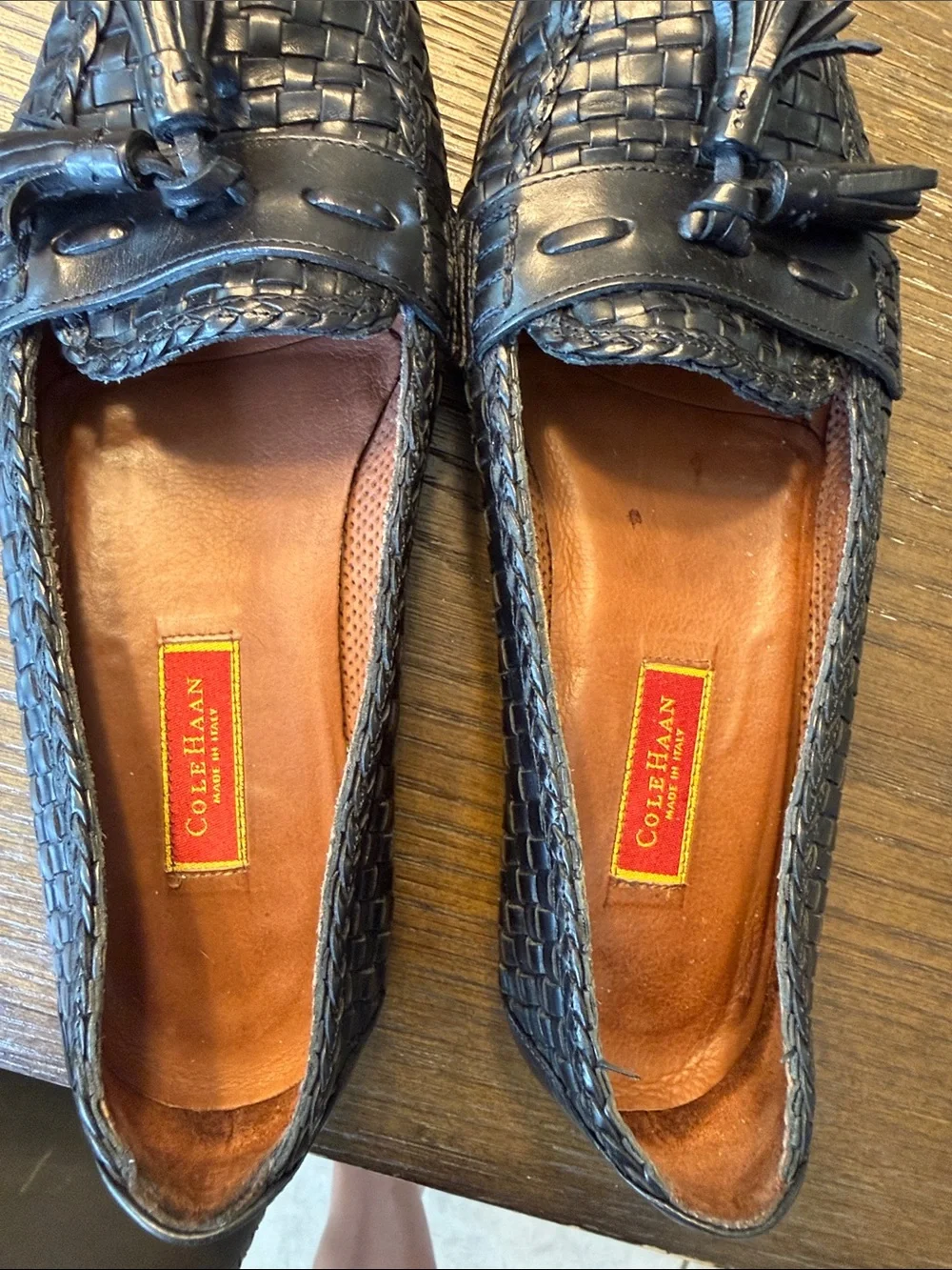 Cole Haan Black Woven Leather Tassel Slip-On Loafers